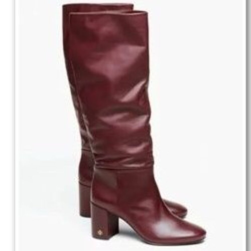 NWOB NWT TORY BURCH US 8 Burgundy Red Brooke Sloughy Logo Riding Knee High Boots